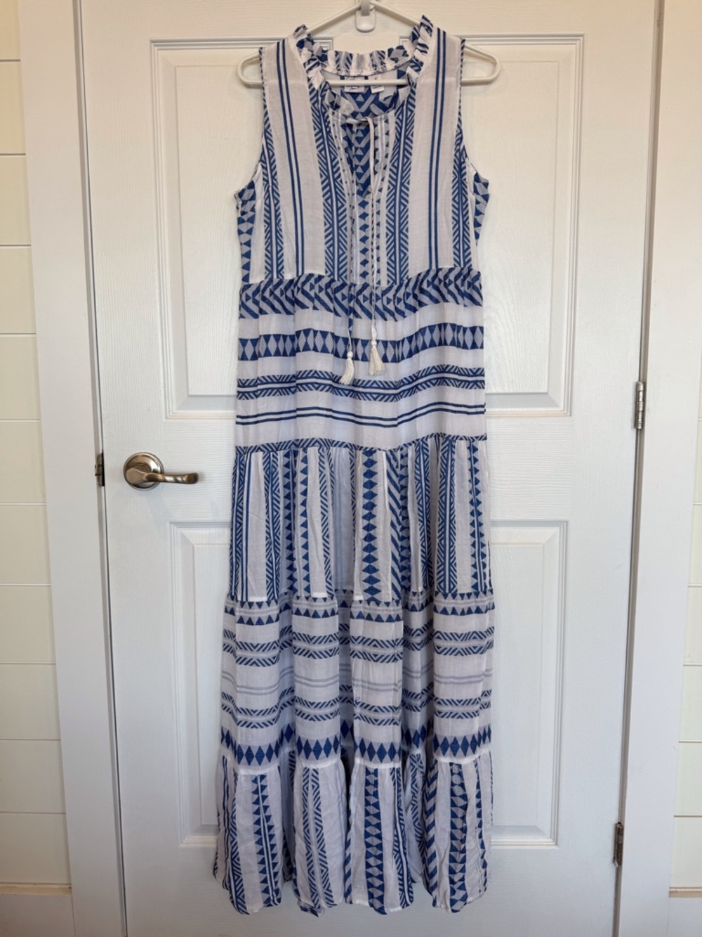 Japna Blue and White Sleeveless Tiered Maxi Dress resort vacation beachy